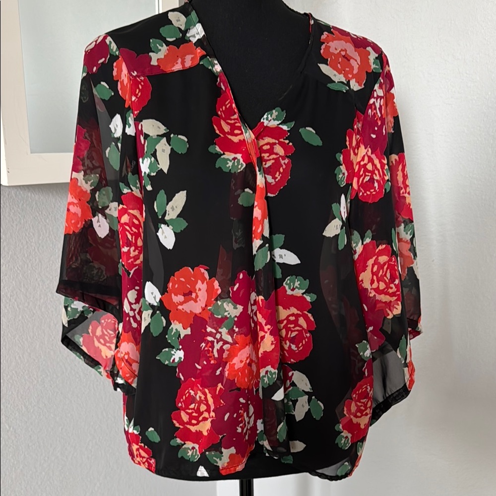 Floral Chiffon Blouse - Black and Red
